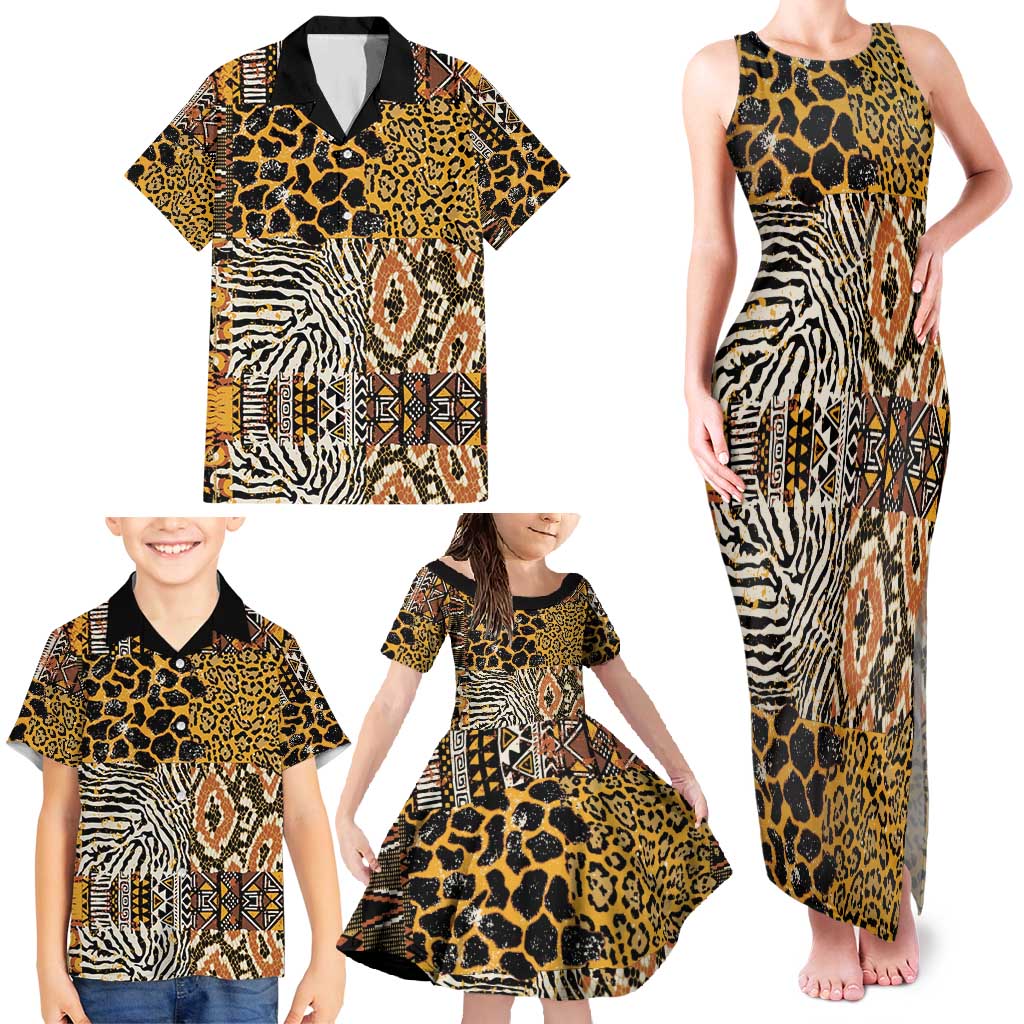 African Tribal Pattern With Wild Animal Skins Family Matching Tank Maxi Dress and Hawaiian Shirt