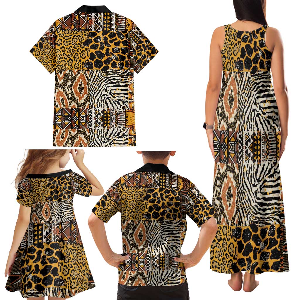 African Tribal Pattern With Wild Animal Skins Family Matching Tank Maxi Dress and Hawaiian Shirt