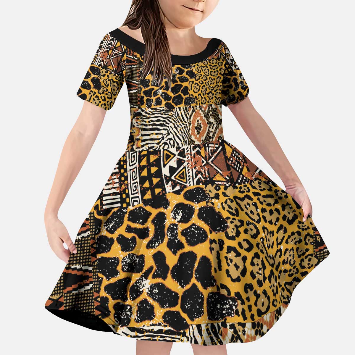 African Tribal Pattern With Wild Animal Skins Kid Short Sleeve Dress