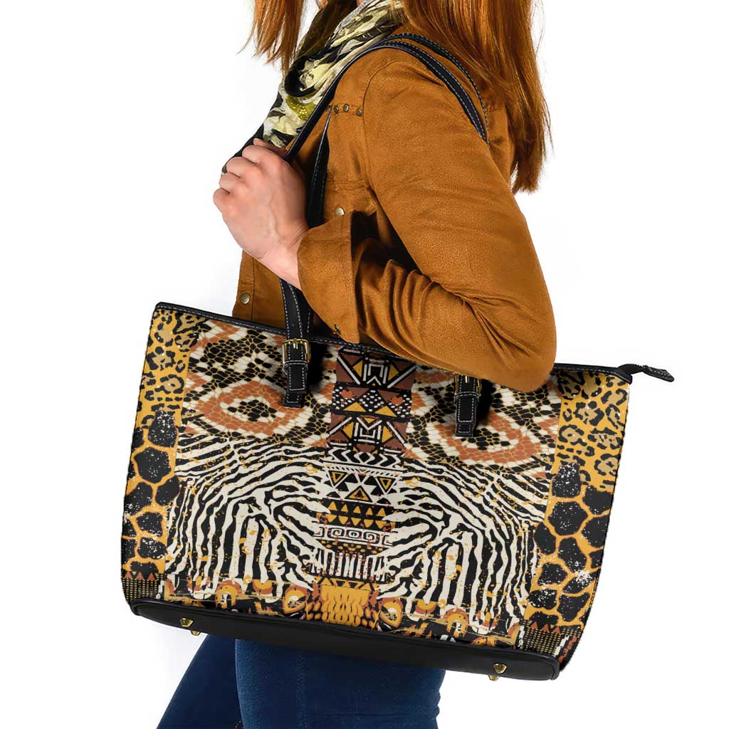 African Tribal Pattern With Wild Animal Skins Leather Tote Bag