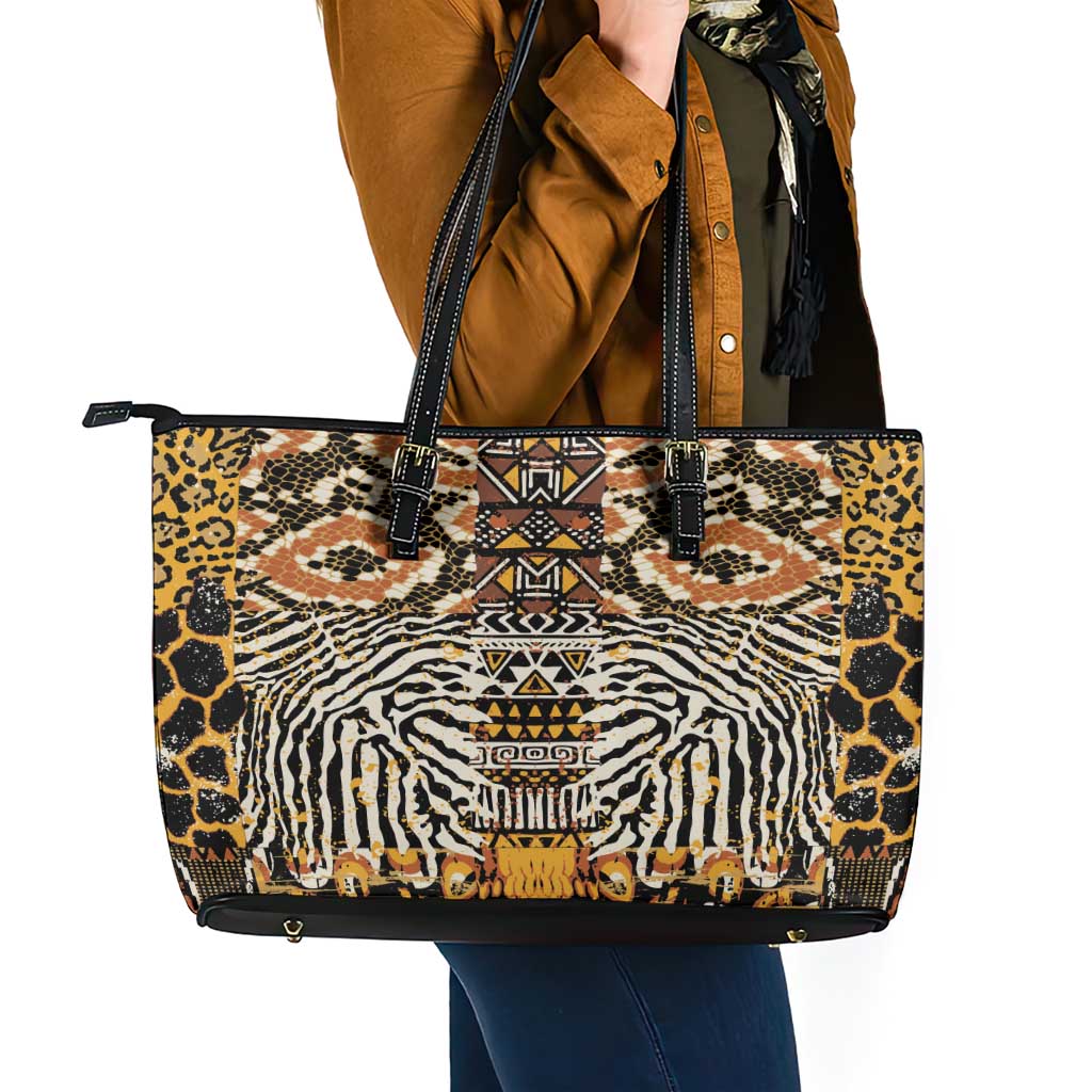 African Tribal Pattern With Wild Animal Skins Leather Tote Bag