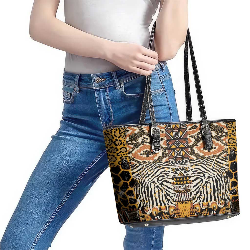 African Tribal Pattern With Wild Animal Skins Leather Tote Bag