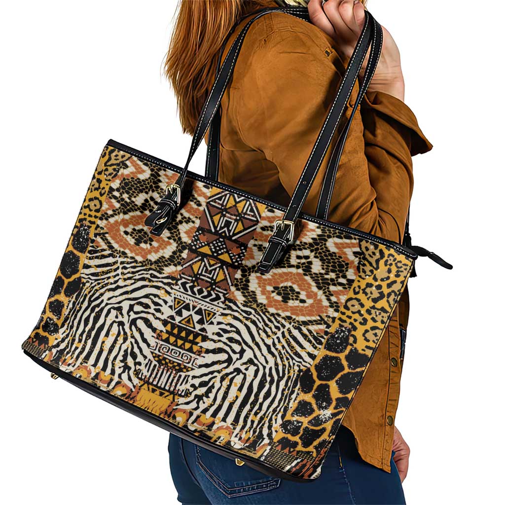 African Tribal Pattern With Wild Animal Skins Leather Tote Bag