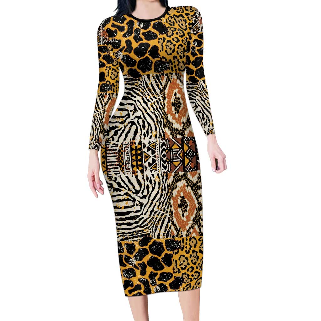 African Tribal Pattern With Wild Animal Skins Long Sleeve Bodycon Dress