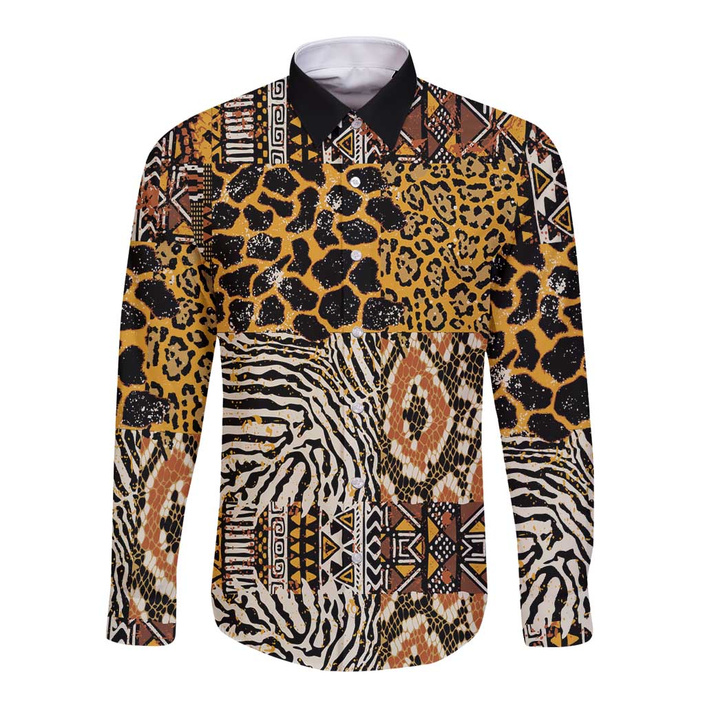 African Tribal Pattern With Wild Animal Skins Long Sleeve Button Shirt