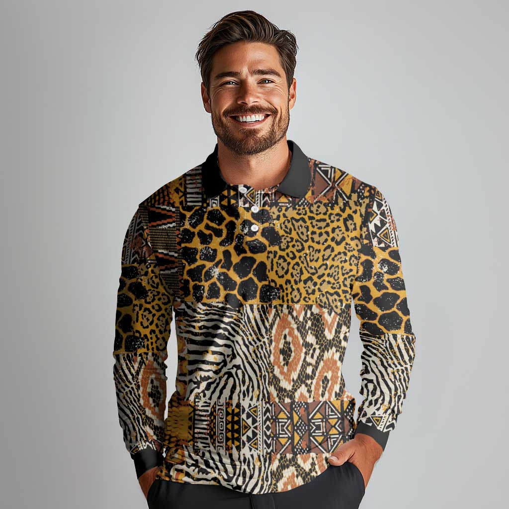 African Tribal Pattern With Wild Animal Skins Long Sleeve Polo Shirt