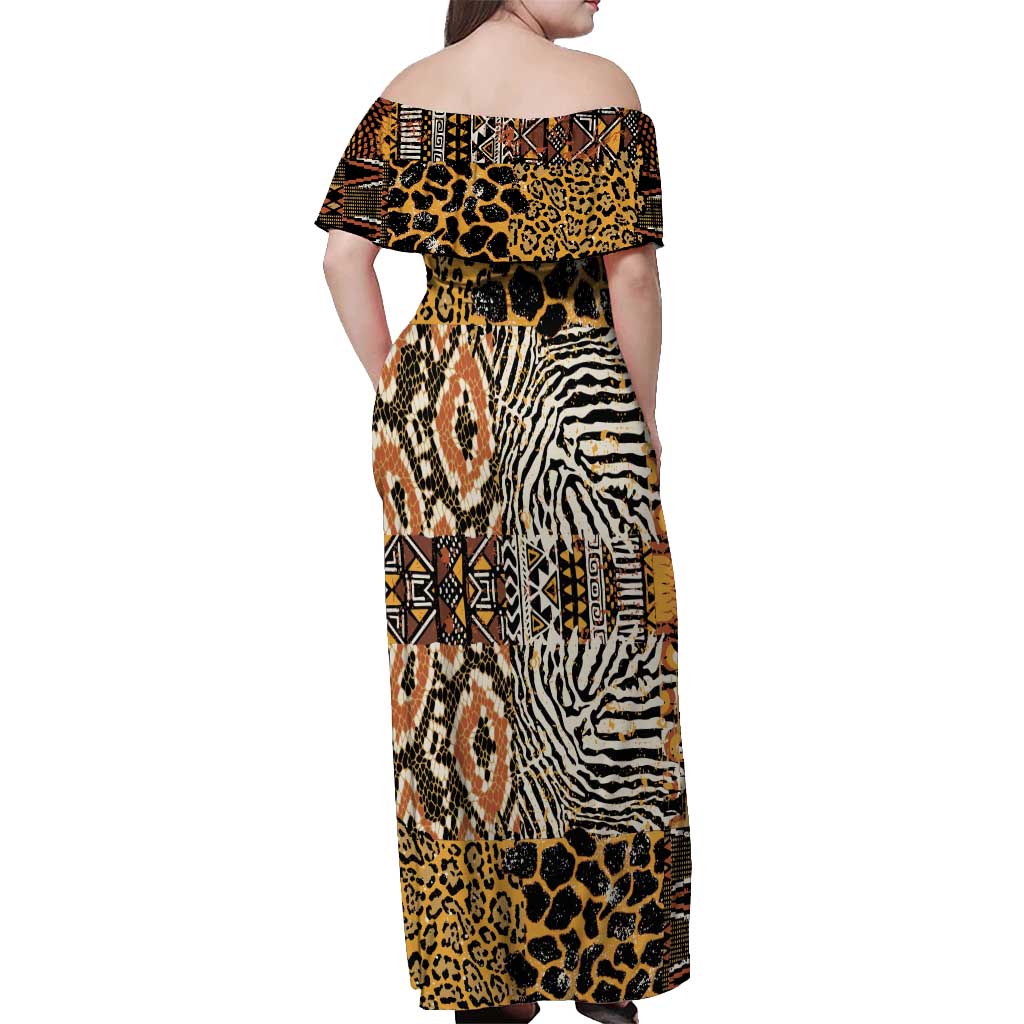 African Tribal Pattern With Wild Animal Skins Off Shoulder Maxi Dress