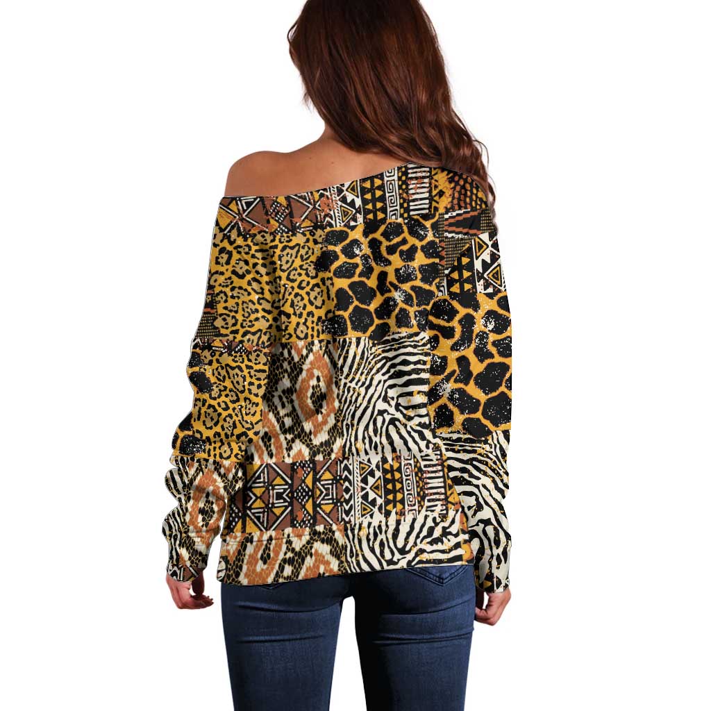 African Tribal Pattern With Wild Animal Skins Off Shoulder Sweater