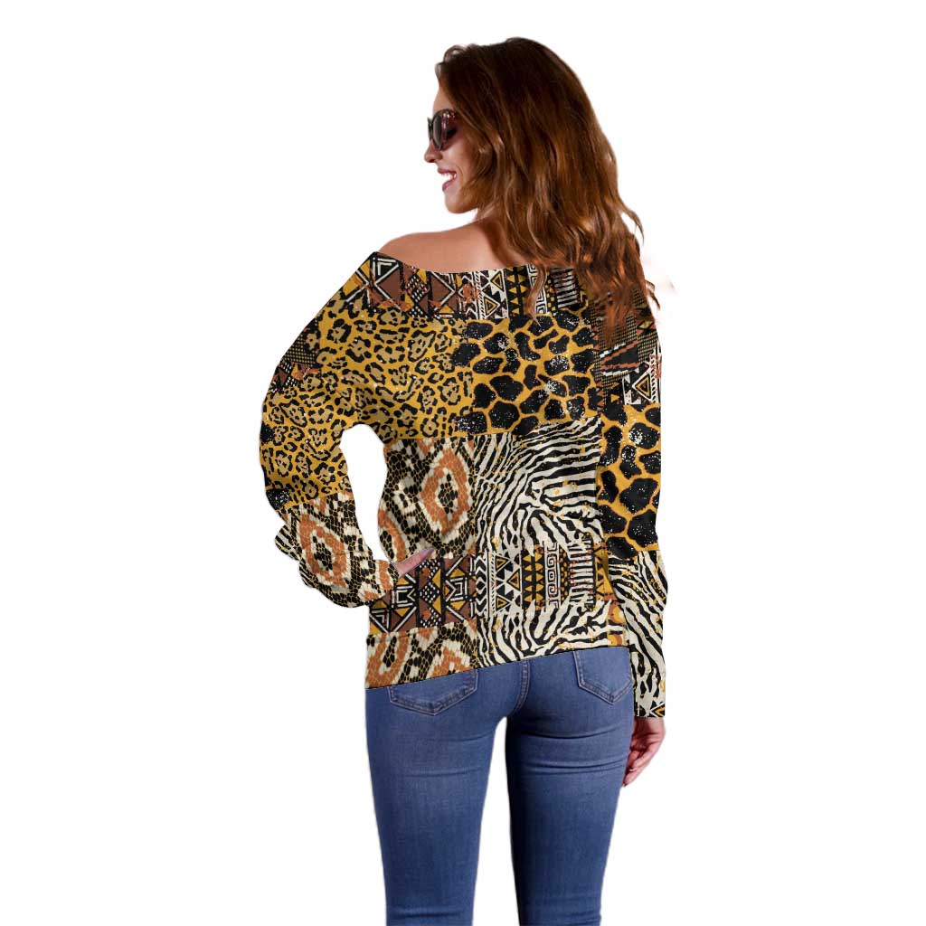 African Tribal Pattern With Wild Animal Skins Off Shoulder Sweater