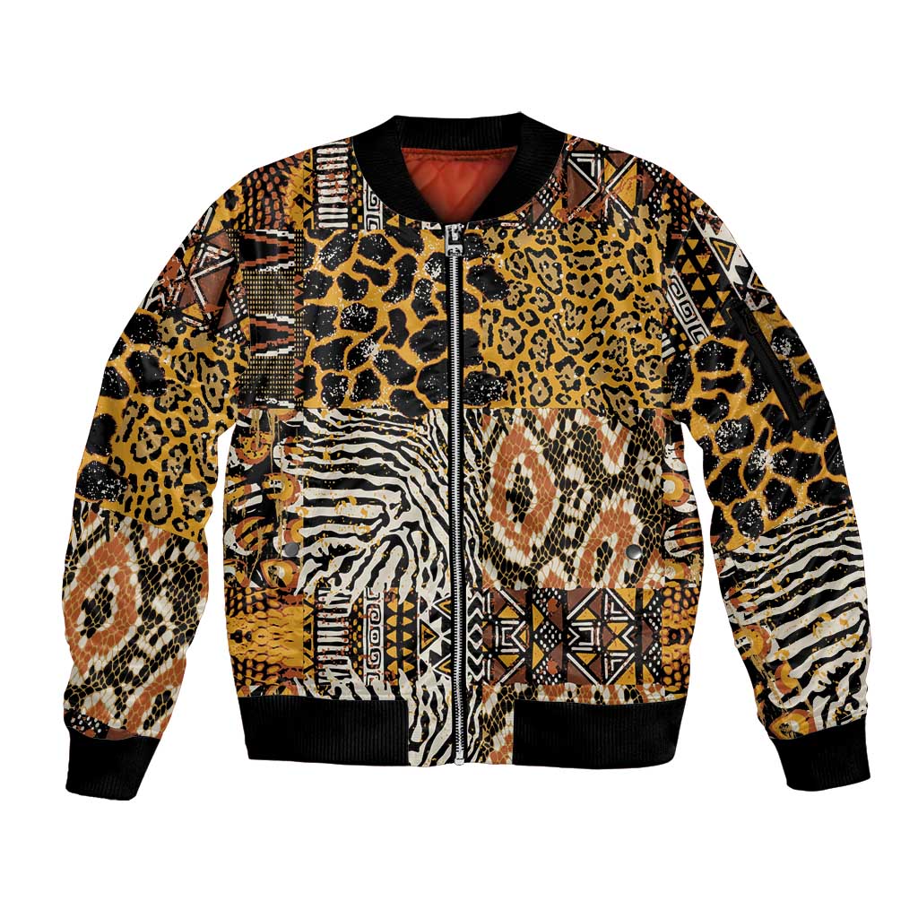 African Tribal Pattern With Wild Animal Skins Sleeve Zip Bomber Jacket
