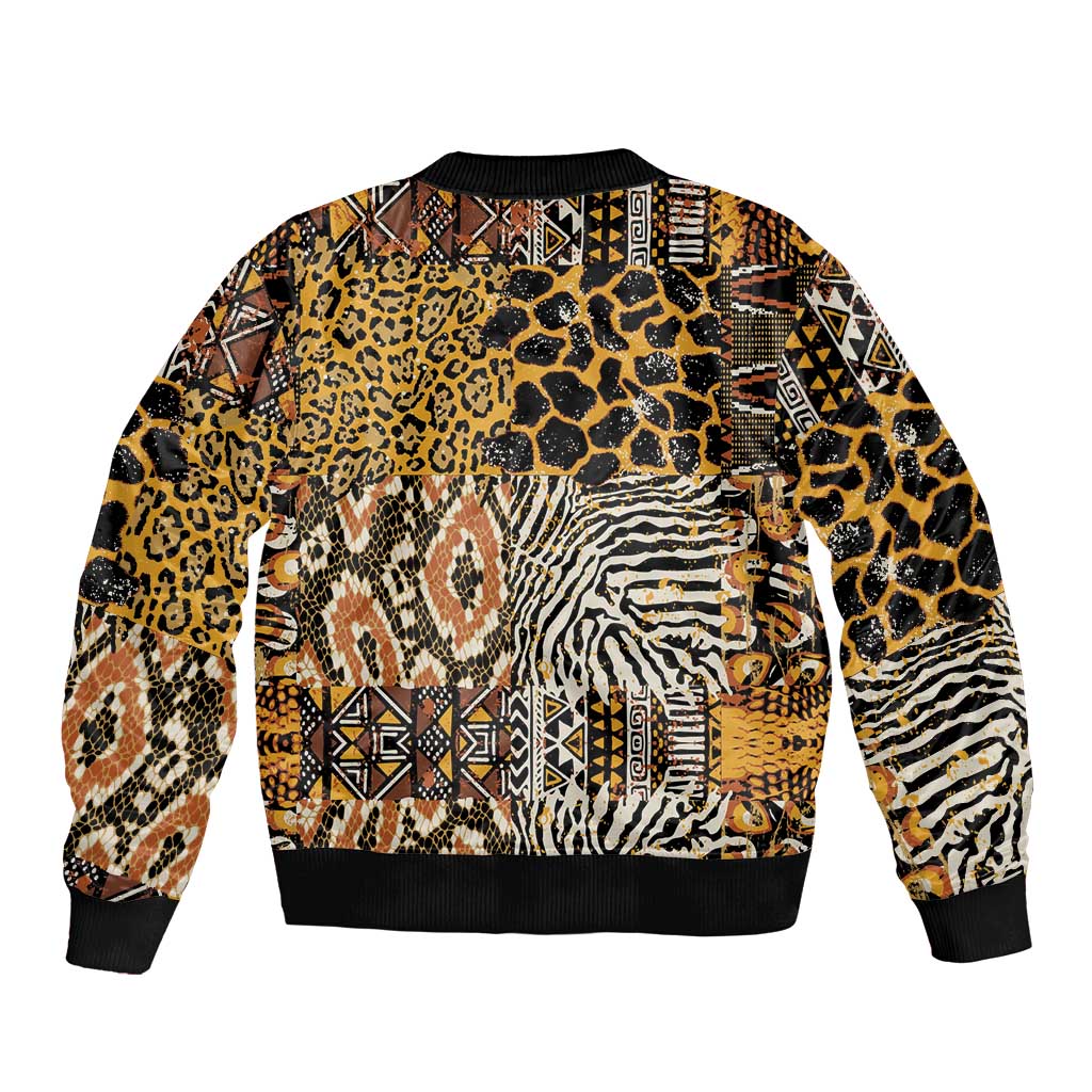 African Tribal Pattern With Wild Animal Skins Sleeve Zip Bomber Jacket