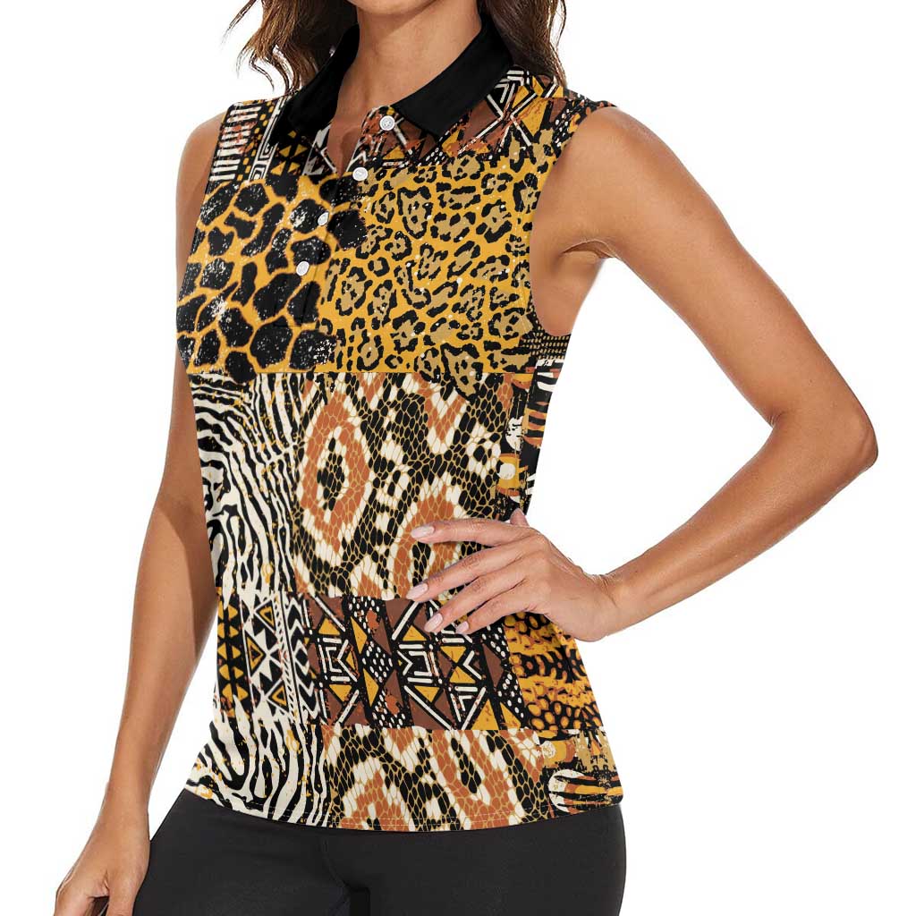 African Tribal Pattern With Wild Animal Skins Women Sleeveless Polo Shirt