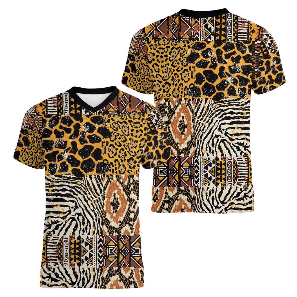 African Tribal Pattern With Wild Animal Skins Women V-Neck T-Shirt