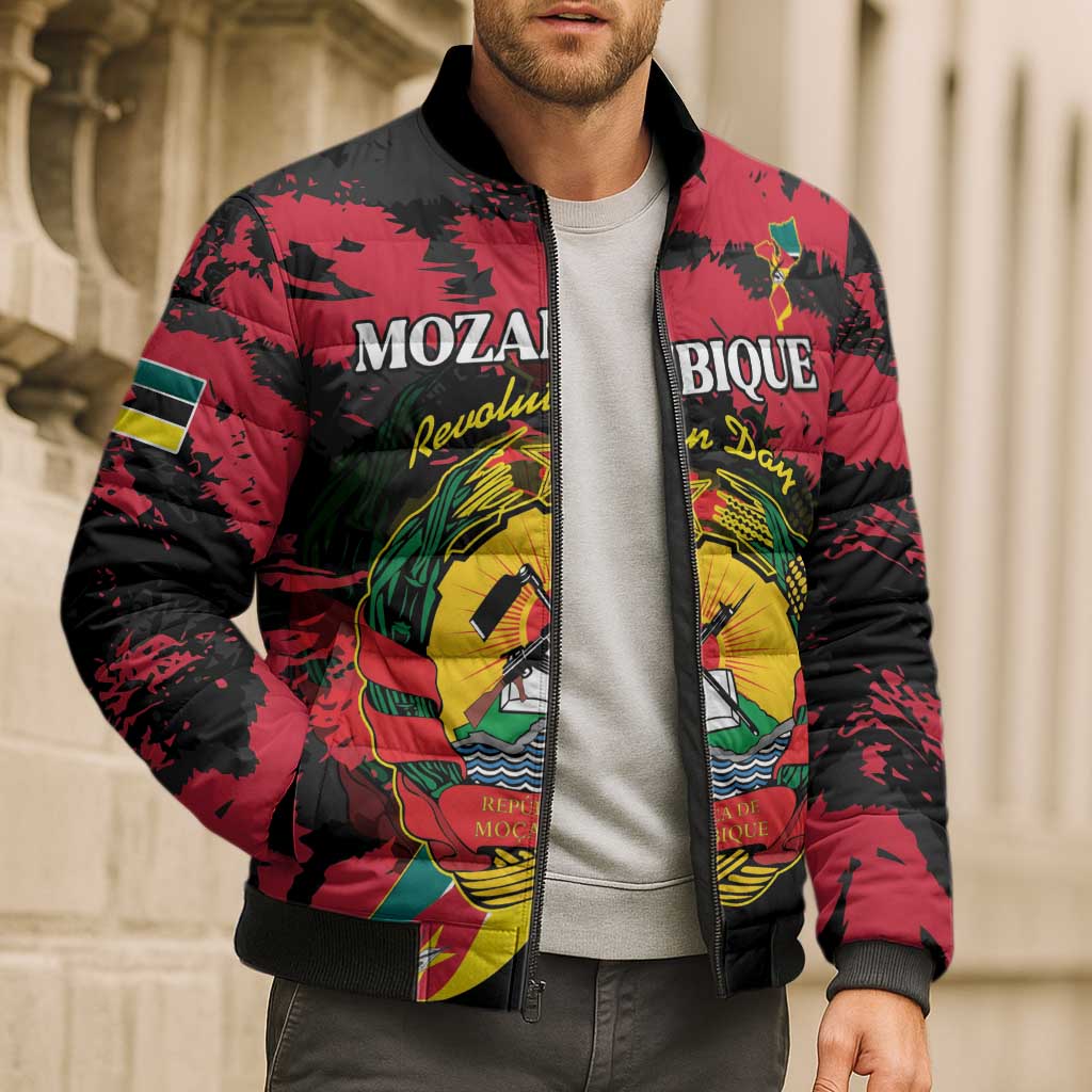 Personalized Mozambique Revolution Day Bomber Puffer Jacket Coat Of Arms FRELIMO - Wonder Print Shop