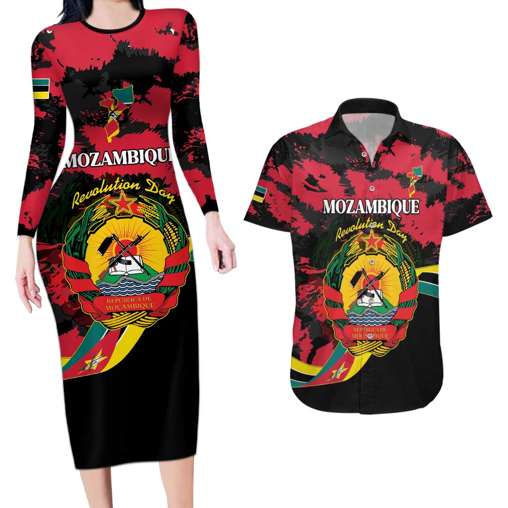 Personalized Mozambique Revolution Day Couples Matching Long Sleeve Bodycon Dress and Hawaiian Shirt Coat Of Arms FRELIMO - Wonder Print Shop