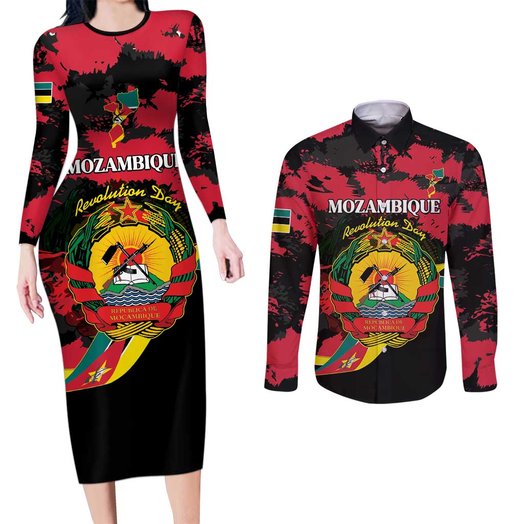 Personalized Mozambique Revolution Day Couples Matching Long Sleeve Bodycon Dress and Long Sleeve Button Shirt Coat Of Arms FRELIMO - Wonder Print Shop