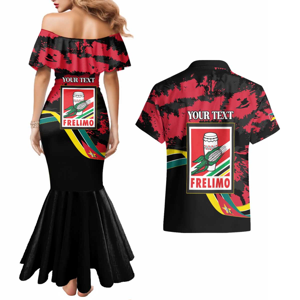 Personalized Mozambique Revolution Day Couples Matching Mermaid Dress and Hawaiian Shirt Coat Of Arms FRELIMO - Wonder Print Shop