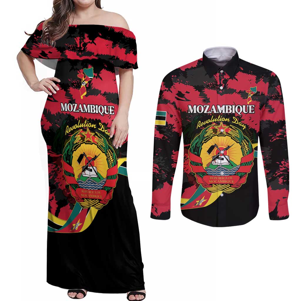 Personalized Mozambique Revolution Day Couples Matching Off Shoulder Maxi Dress and Long Sleeve Button Shirt Coat Of Arms FRELIMO - Wonder Print Shop