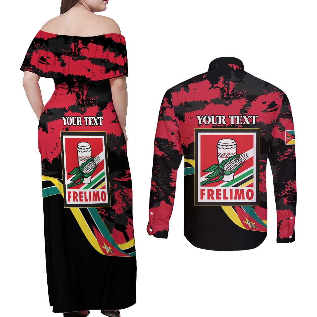 Personalized Mozambique Revolution Day Couples Matching Off Shoulder Maxi Dress and Long Sleeve Button Shirt Coat Of Arms FRELIMO - Wonder Print Shop