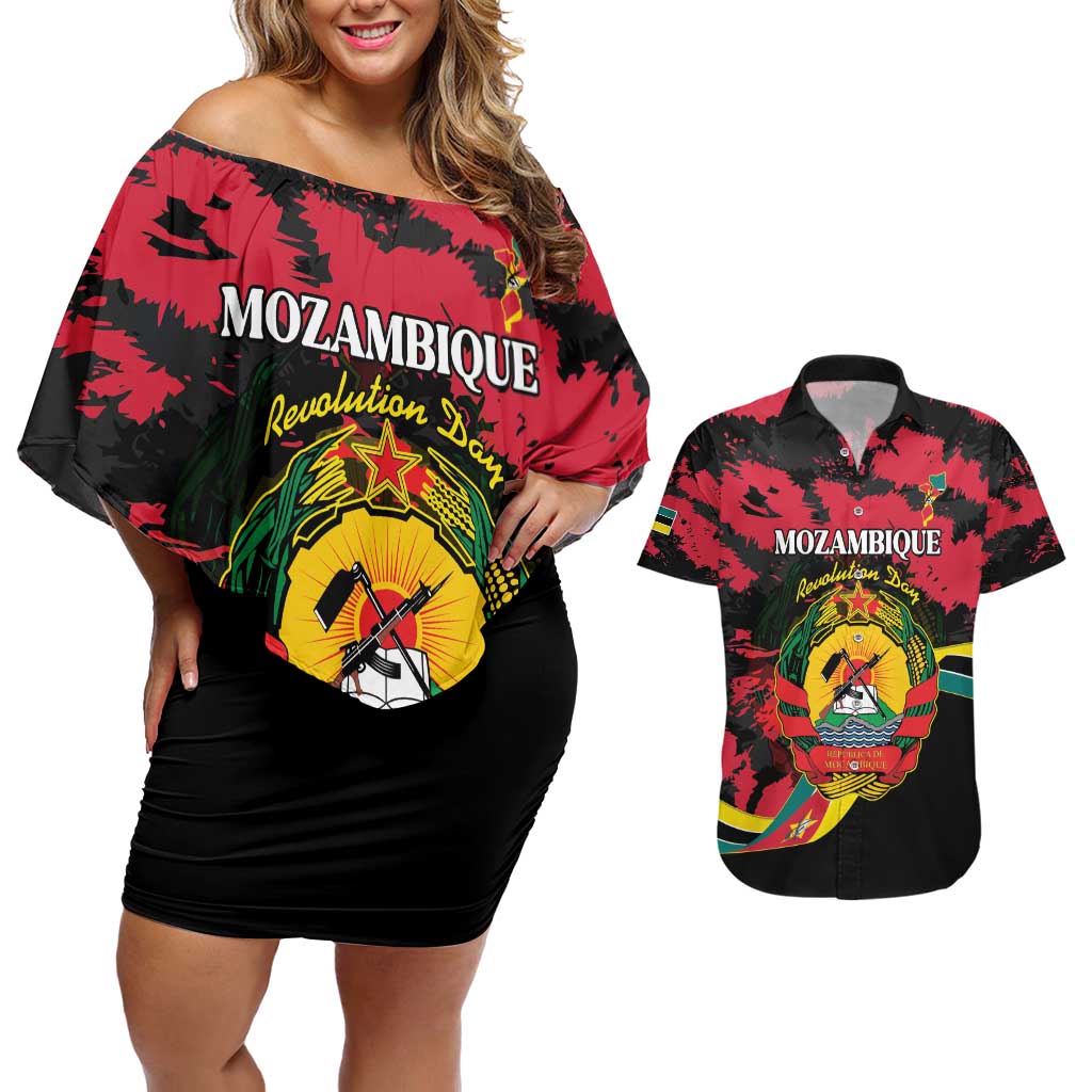 Personalized Mozambique Revolution Day Couples Matching Off Shoulder Short Dress and Hawaiian Shirt Coat Of Arms FRELIMO - Wonder Print Shop