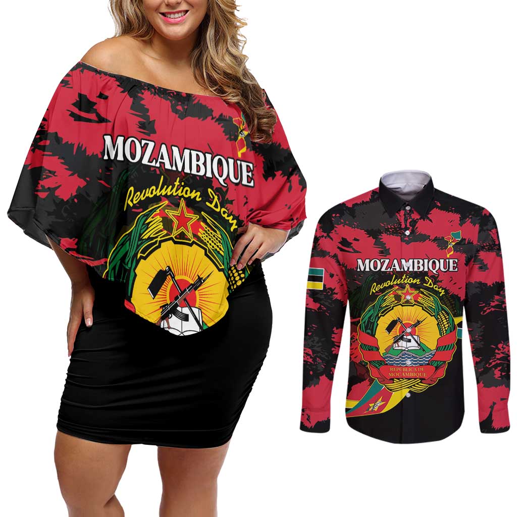 Personalized Mozambique Revolution Day Couples Matching Off Shoulder Short Dress and Long Sleeve Button Shirt Coat Of Arms FRELIMO - Wonder Print Shop