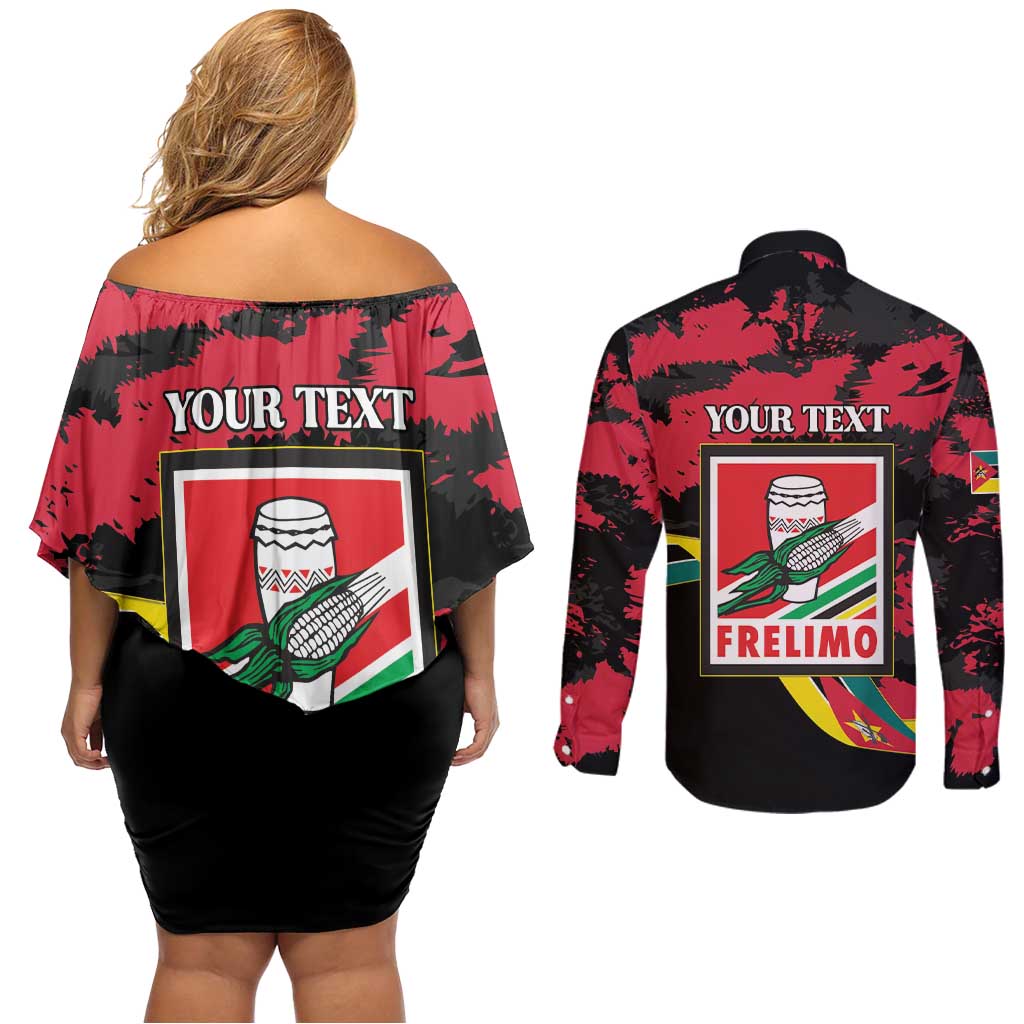 Personalized Mozambique Revolution Day Couples Matching Off Shoulder Short Dress and Long Sleeve Button Shirt Coat Of Arms FRELIMO - Wonder Print Shop