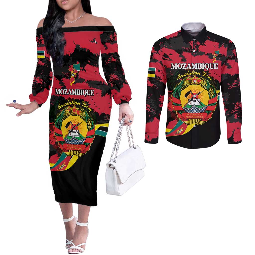 Personalized Mozambique Revolution Day Couples Matching Off The Shoulder Long Sleeve Dress and Long Sleeve Button Shirt Coat Of Arms FRELIMO - Wonder Print Shop