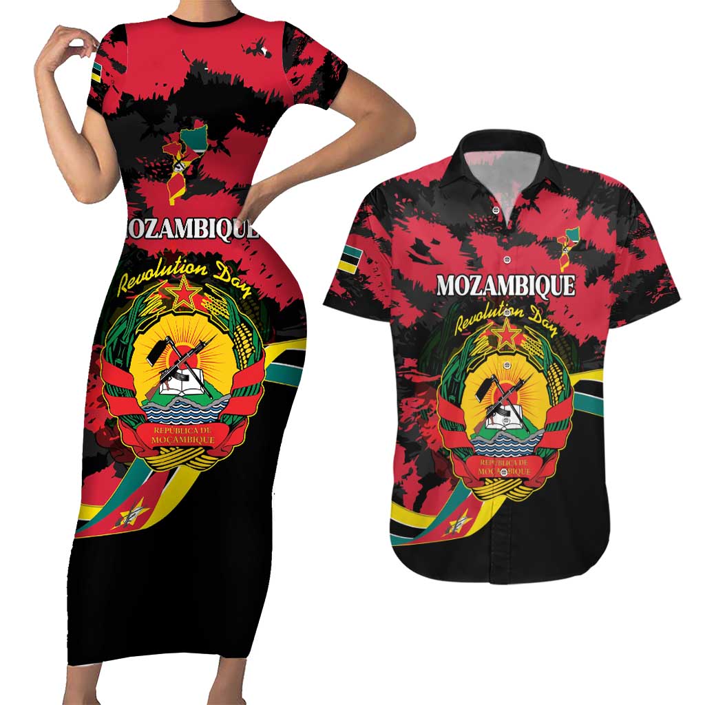Personalized Mozambique Revolution Day Couples Matching Short Sleeve Bodycon Dress and Hawaiian Shirt Coat Of Arms FRELIMO - Wonder Print Shop