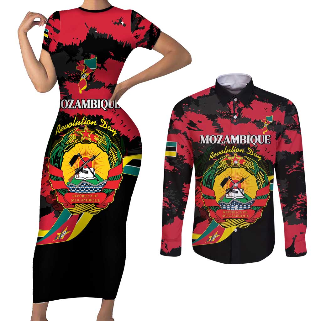 Personalized Mozambique Revolution Day Couples Matching Short Sleeve Bodycon Dress and Long Sleeve Button Shirt Coat Of Arms FRELIMO - Wonder Print Shop