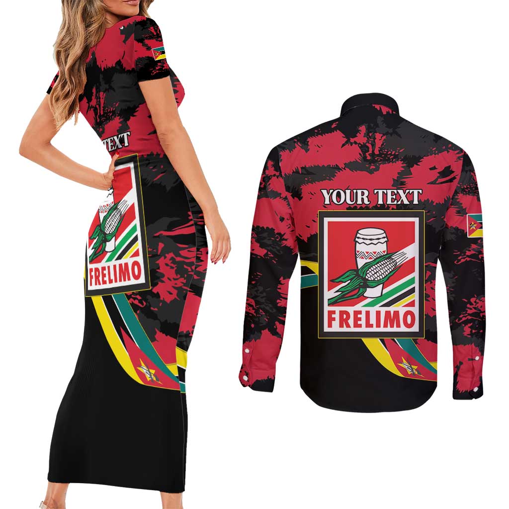 Personalized Mozambique Revolution Day Couples Matching Short Sleeve Bodycon Dress and Long Sleeve Button Shirt Coat Of Arms FRELIMO - Wonder Print Shop