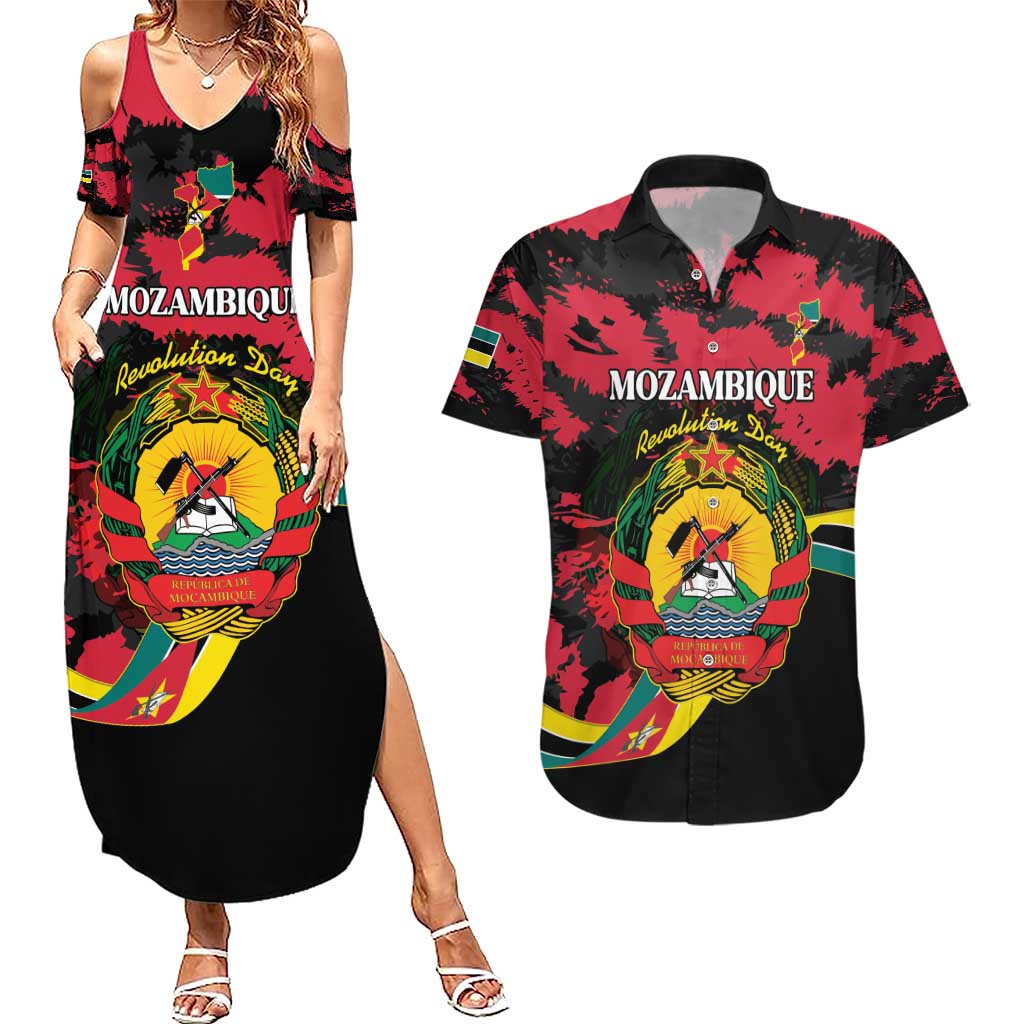 Personalized Mozambique Revolution Day Couples Matching Summer Maxi Dress and Hawaiian Shirt Coat Of Arms FRELIMO - Wonder Print Shop