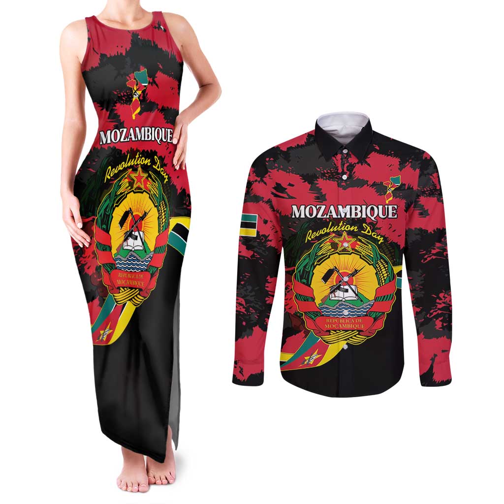 Personalized Mozambique Revolution Day Couples Matching Tank Maxi Dress and Long Sleeve Button Shirt Coat Of Arms FRELIMO - Wonder Print Shop