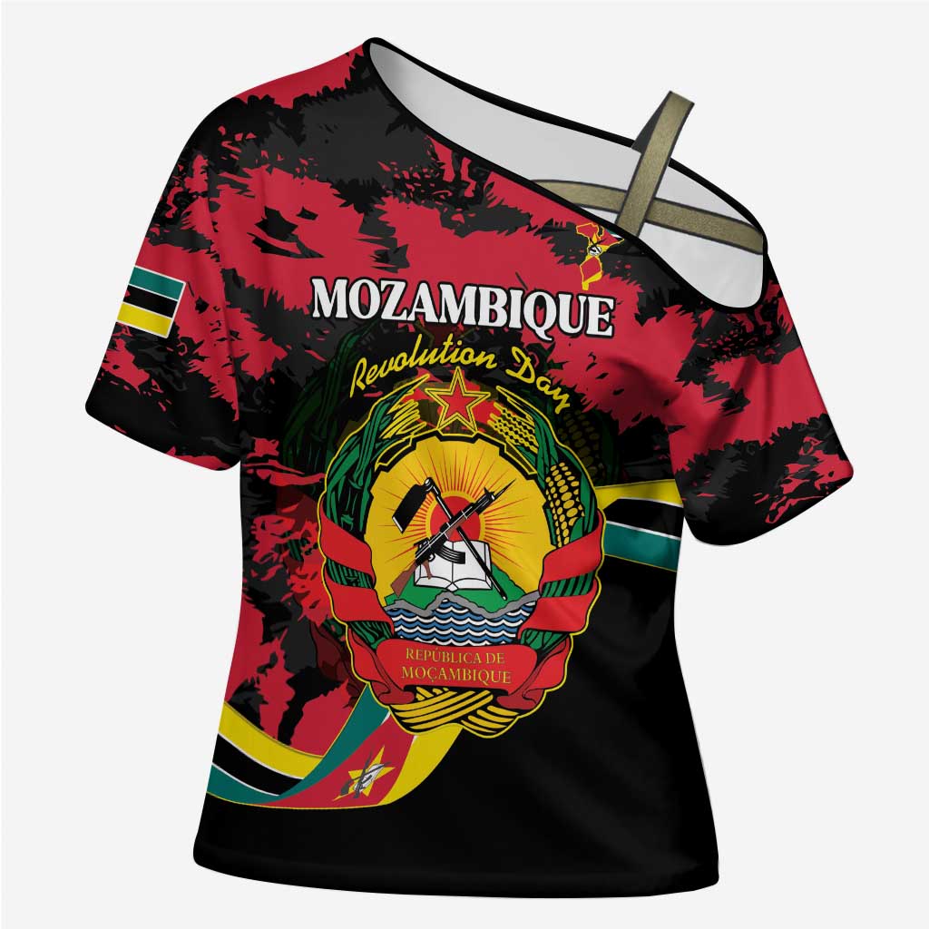 Personalized Mozambique Revolution Day Cross Shoulder Shirt Coat Of Arms FRELIMO - Wonder Print Shop