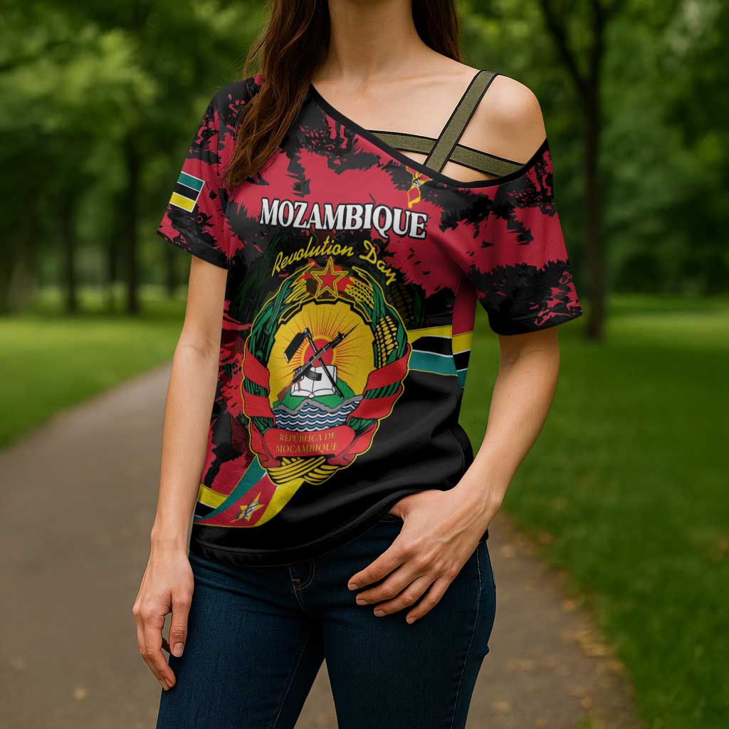 Personalized Mozambique Revolution Day Cross Shoulder Shirt Coat Of Arms FRELIMO - Wonder Print Shop