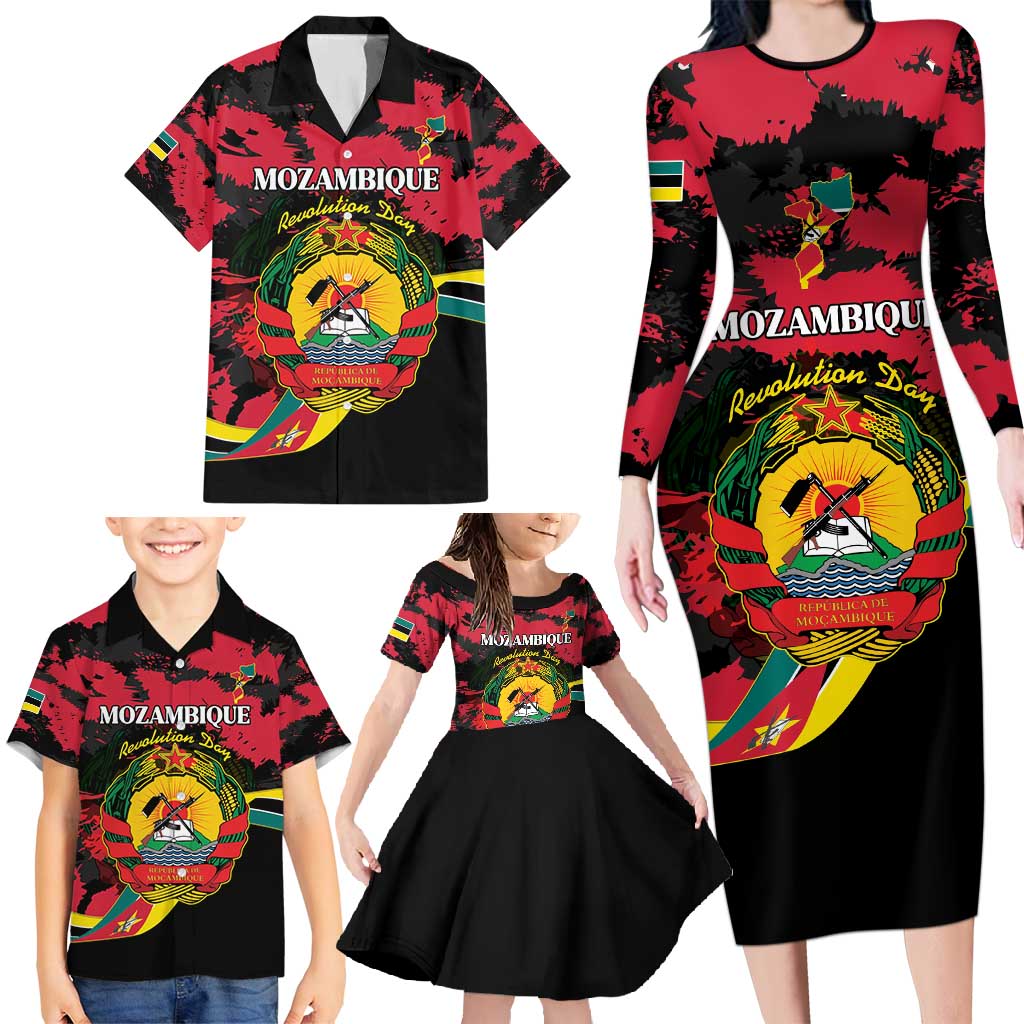 Personalized Mozambique Revolution Day Family Matching Long Sleeve Bodycon Dress and Hawaiian Shirt Coat Of Arms FRELIMO - Wonder Print Shop