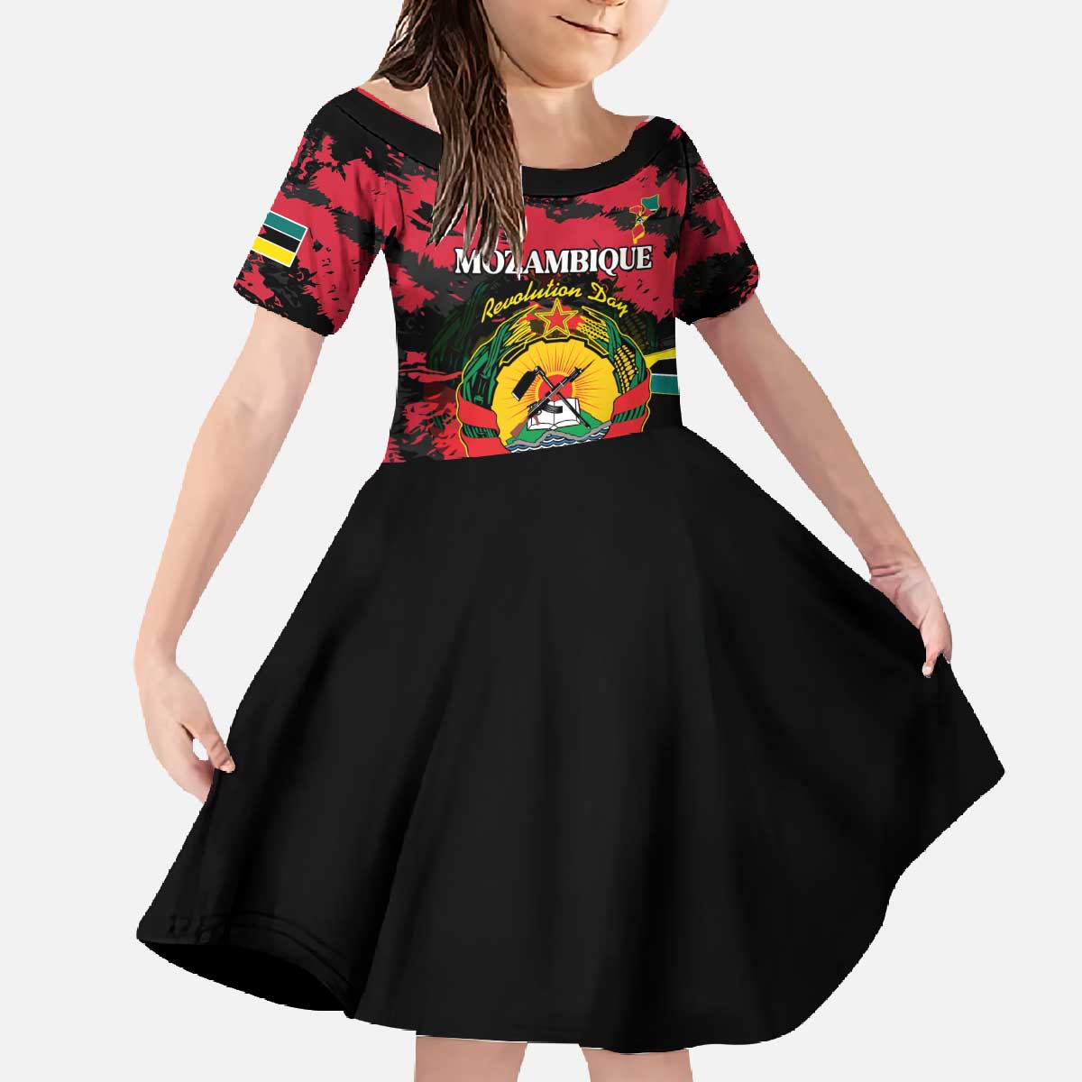 Personalized Mozambique Revolution Day Family Matching Off The Shoulder Long Sleeve Dress and Hawaiian Shirt Coat Of Arms FRELIMO - Wonder Print Shop