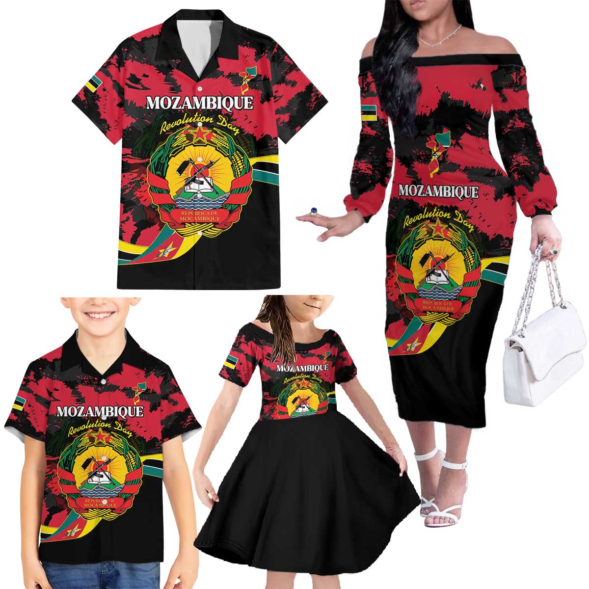 Personalized Mozambique Revolution Day Family Matching Off The Shoulder Long Sleeve Dress and Hawaiian Shirt Coat Of Arms FRELIMO - Wonder Print Shop