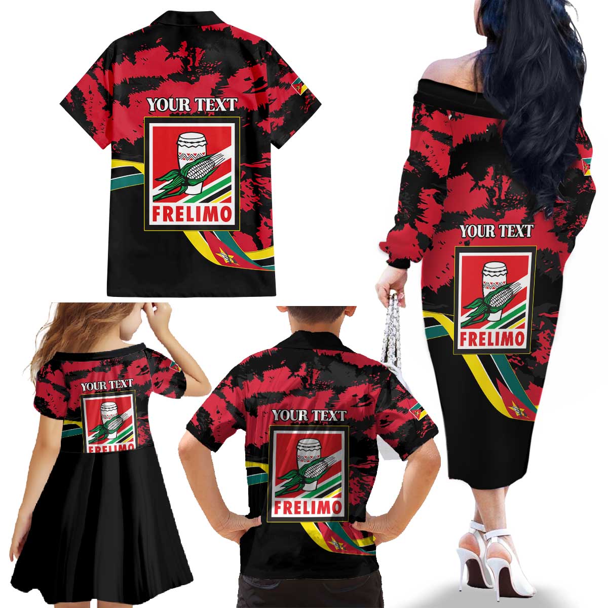 Personalized Mozambique Revolution Day Family Matching Off The Shoulder Long Sleeve Dress and Hawaiian Shirt Coat Of Arms FRELIMO - Wonder Print Shop