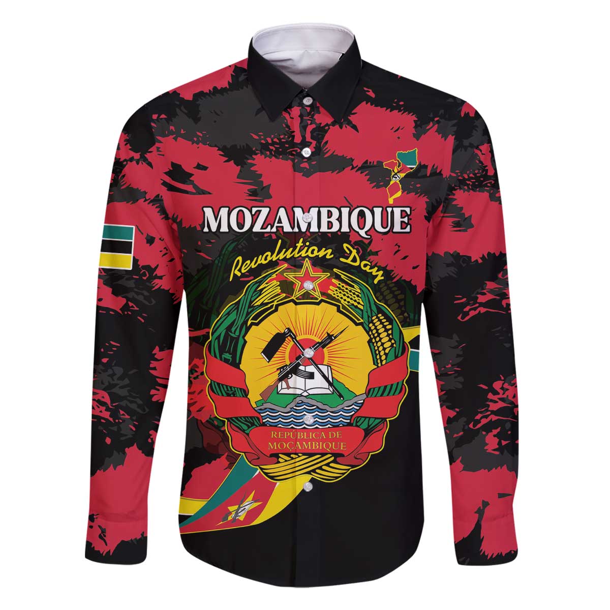 Personalized Mozambique Revolution Day Family Matching Off The Shoulder Long Sleeve Dress and Hawaiian Shirt Coat Of Arms FRELIMO - Wonder Print Shop
