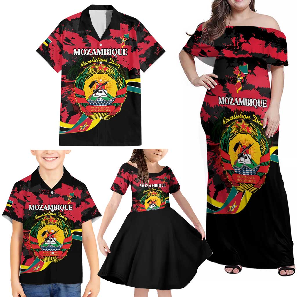 Personalized Mozambique Revolution Day Family Matching Off Shoulder Maxi Dress and Hawaiian Shirt Coat Of Arms FRELIMO - Wonder Print Shop