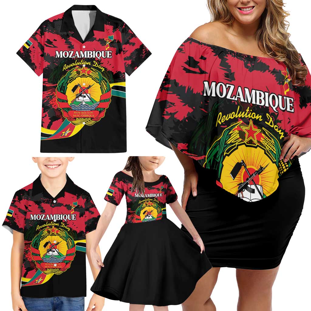 Personalized Mozambique Revolution Day Family Matching Off Shoulder Short Dress and Hawaiian Shirt Coat Of Arms FRELIMO - Wonder Print Shop
