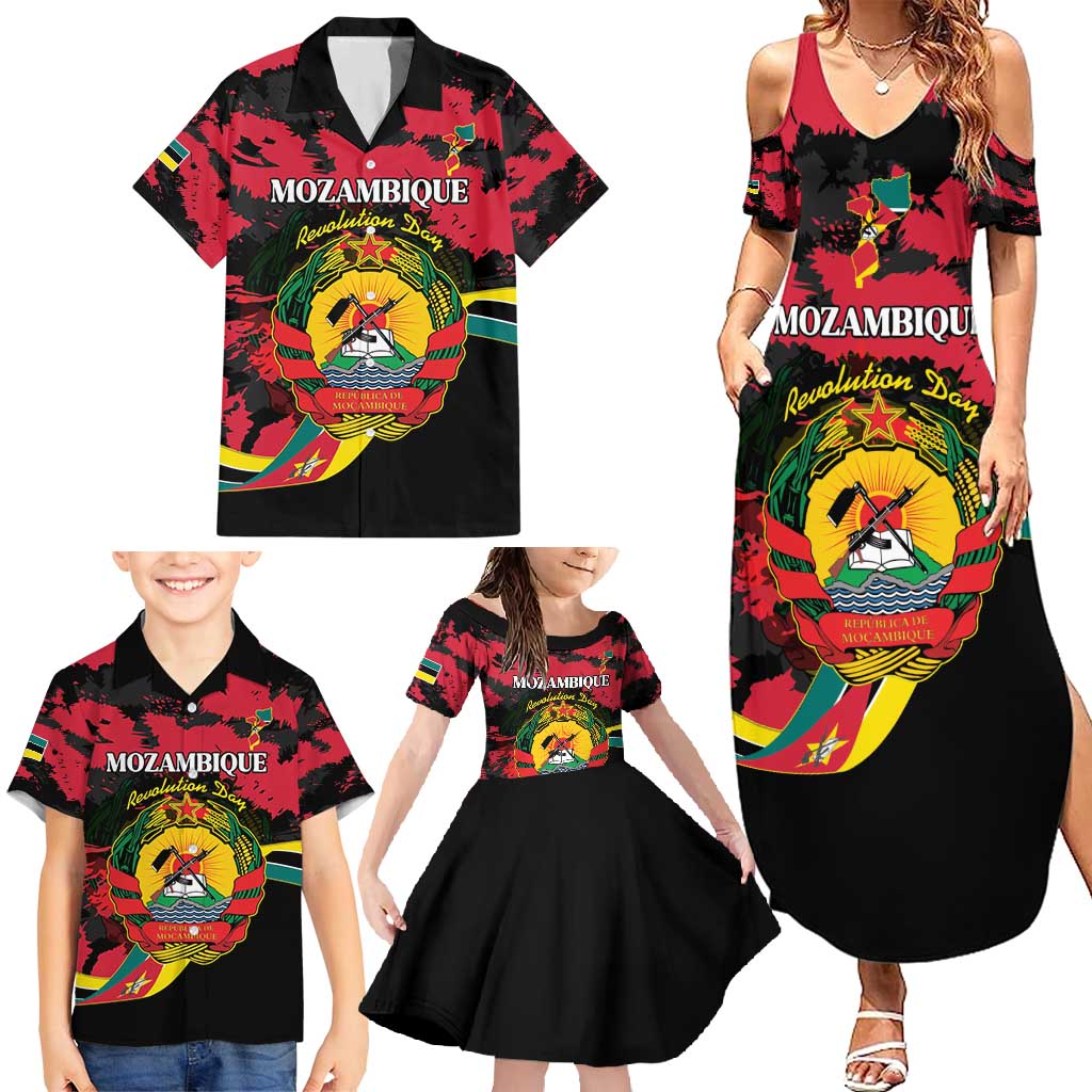 Personalized Mozambique Revolution Day Family Matching Summer Maxi Dress and Hawaiian Shirt Coat Of Arms FRELIMO - Wonder Print Shop