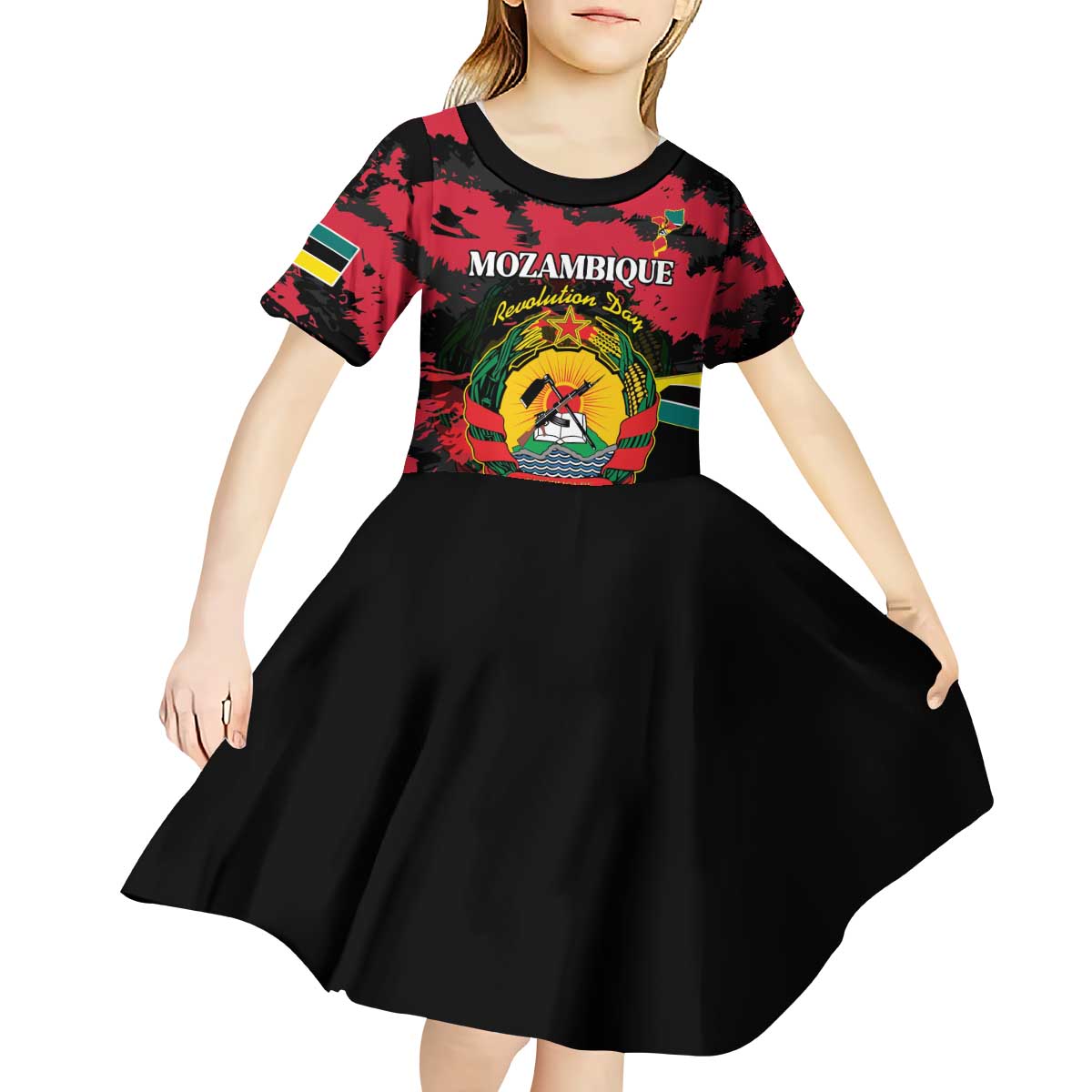 Personalized Mozambique Revolution Day Kid Short Sleeve Dress Coat Of Arms FRELIMO - Wonder Print Shop