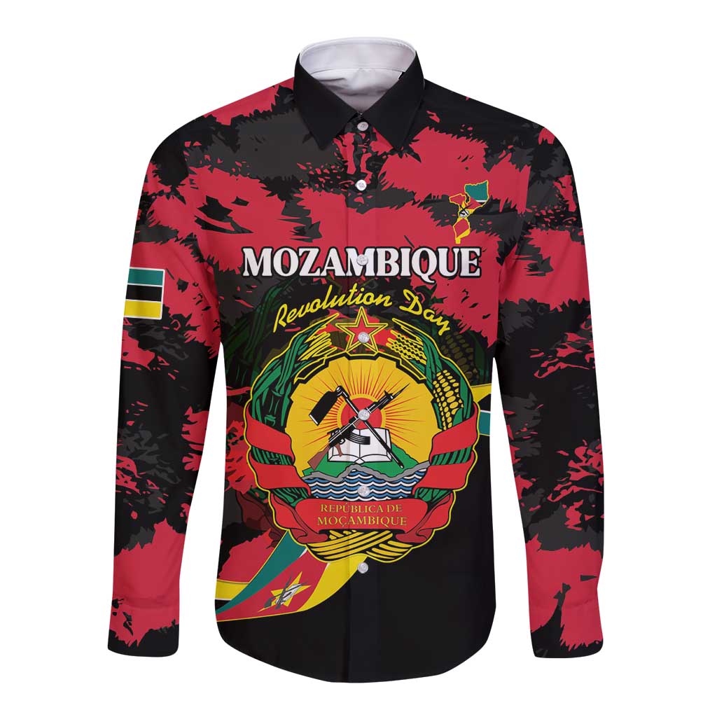 Personalized Mozambique Revolution Day Long Sleeve Button Shirt Coat Of Arms FRELIMO - Wonder Print Shop