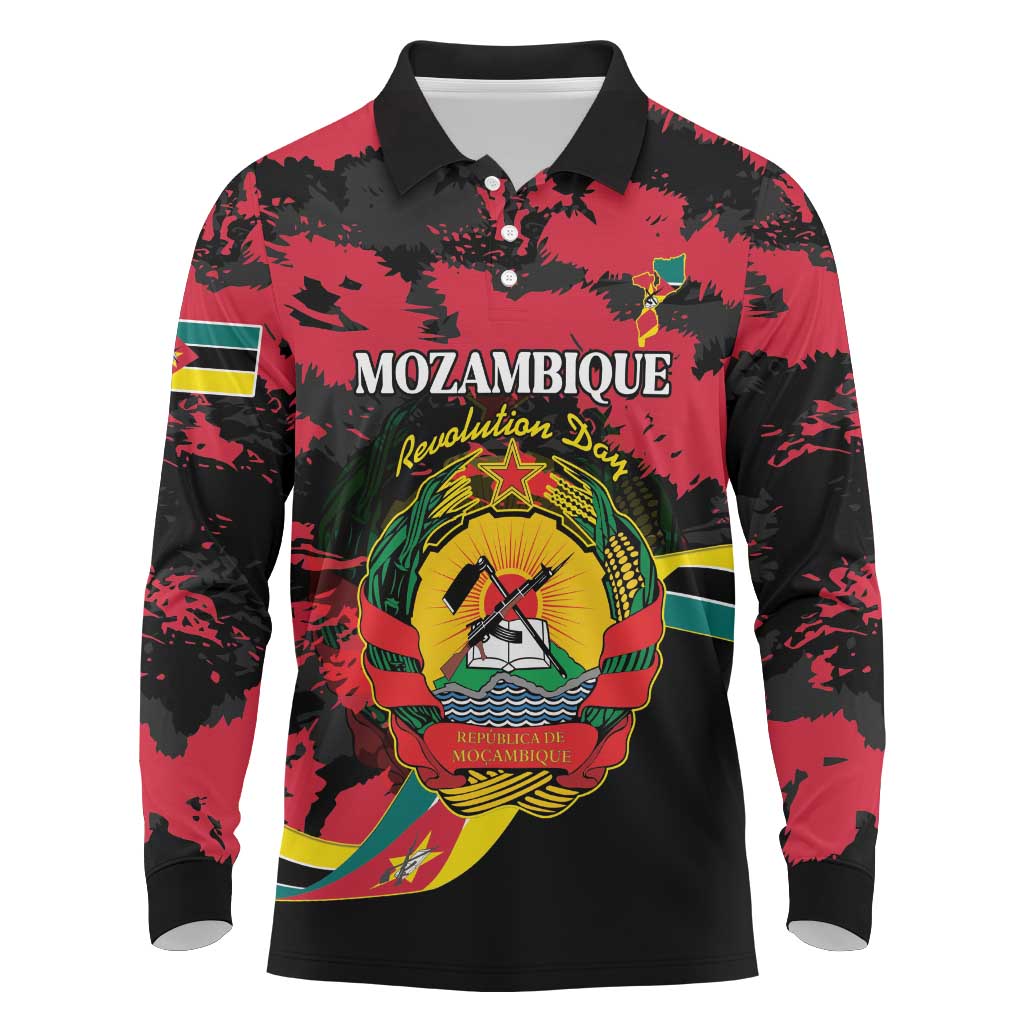 Personalized Mozambique Revolution Day Long Sleeve Polo Shirt Coat Of Arms FRELIMO - Wonder Print Shop