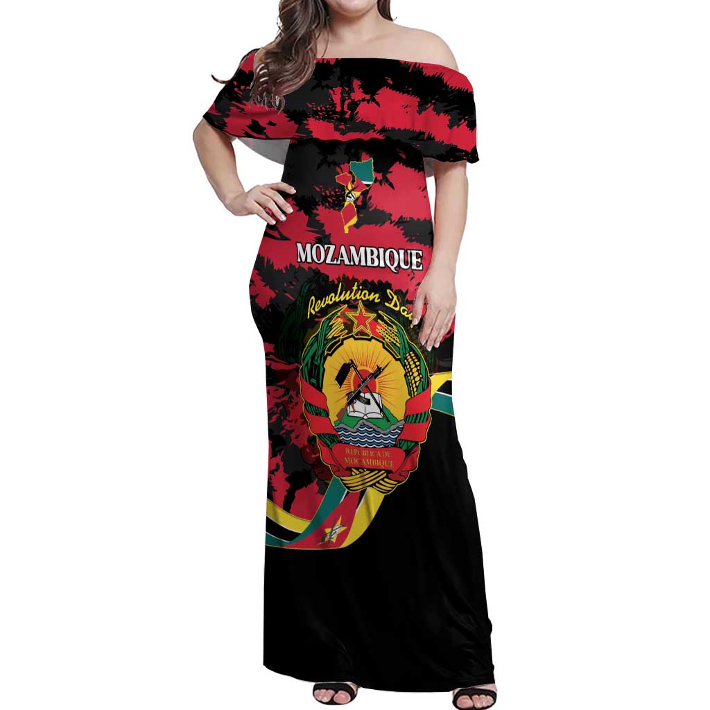Personalized Mozambique Revolution Day Off Shoulder Maxi Dress Coat Of Arms FRELIMO - Wonder Print Shop