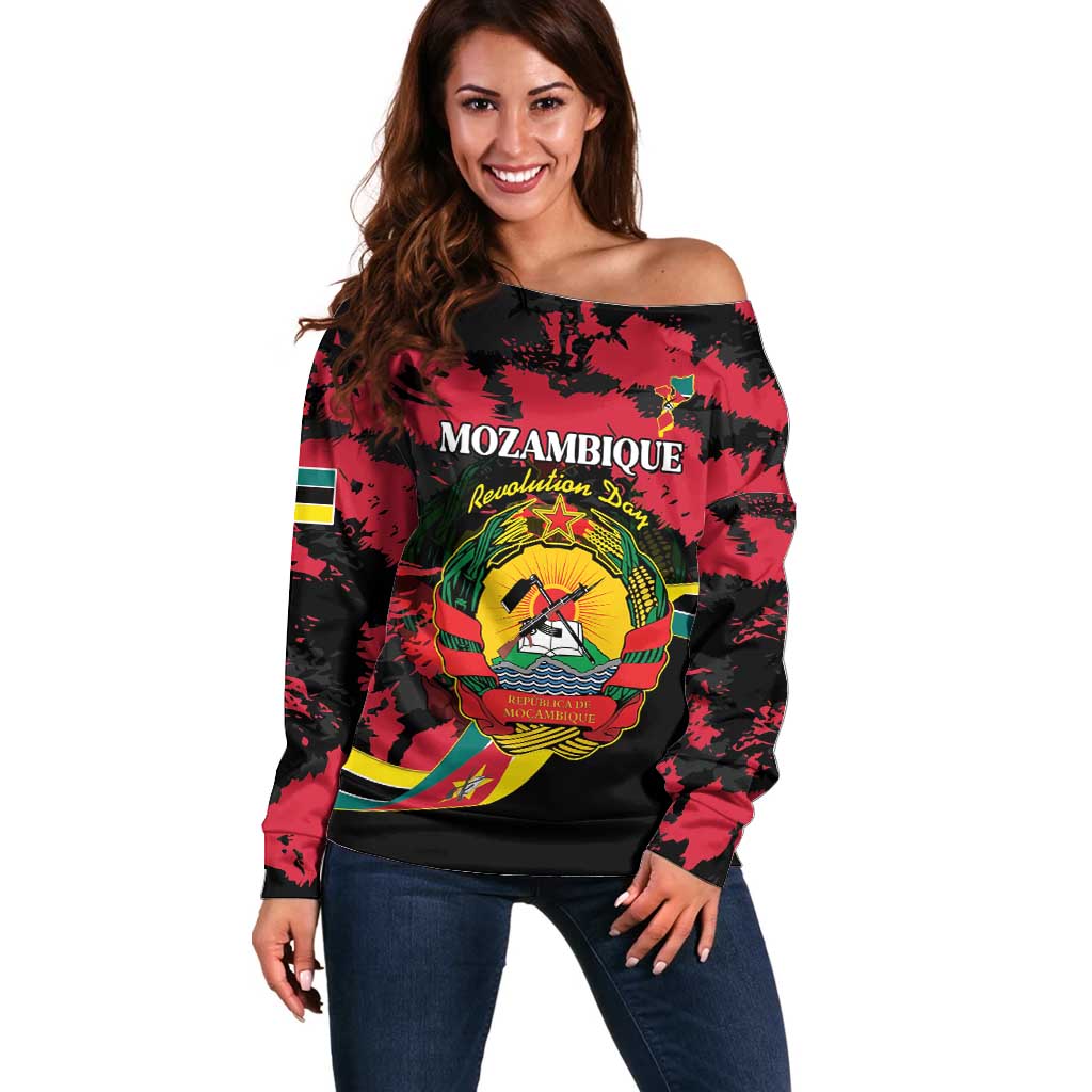 Personalized Mozambique Revolution Day Off Shoulder Sweater Coat Of Arms FRELIMO - Wonder Print Shop