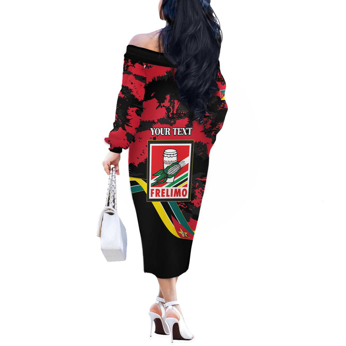 Personalized Mozambique Revolution Day Off The Shoulder Long Sleeve Dress Coat Of Arms FRELIMO - Wonder Print Shop