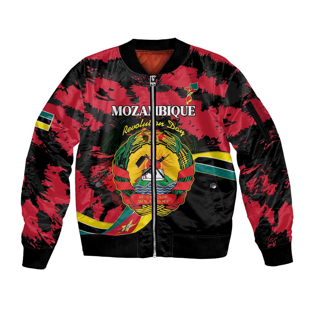 Personalized Mozambique Revolution Day Sleeve Zip Bomber Jacket Coat Of Arms FRELIMO - Wonder Print Shop