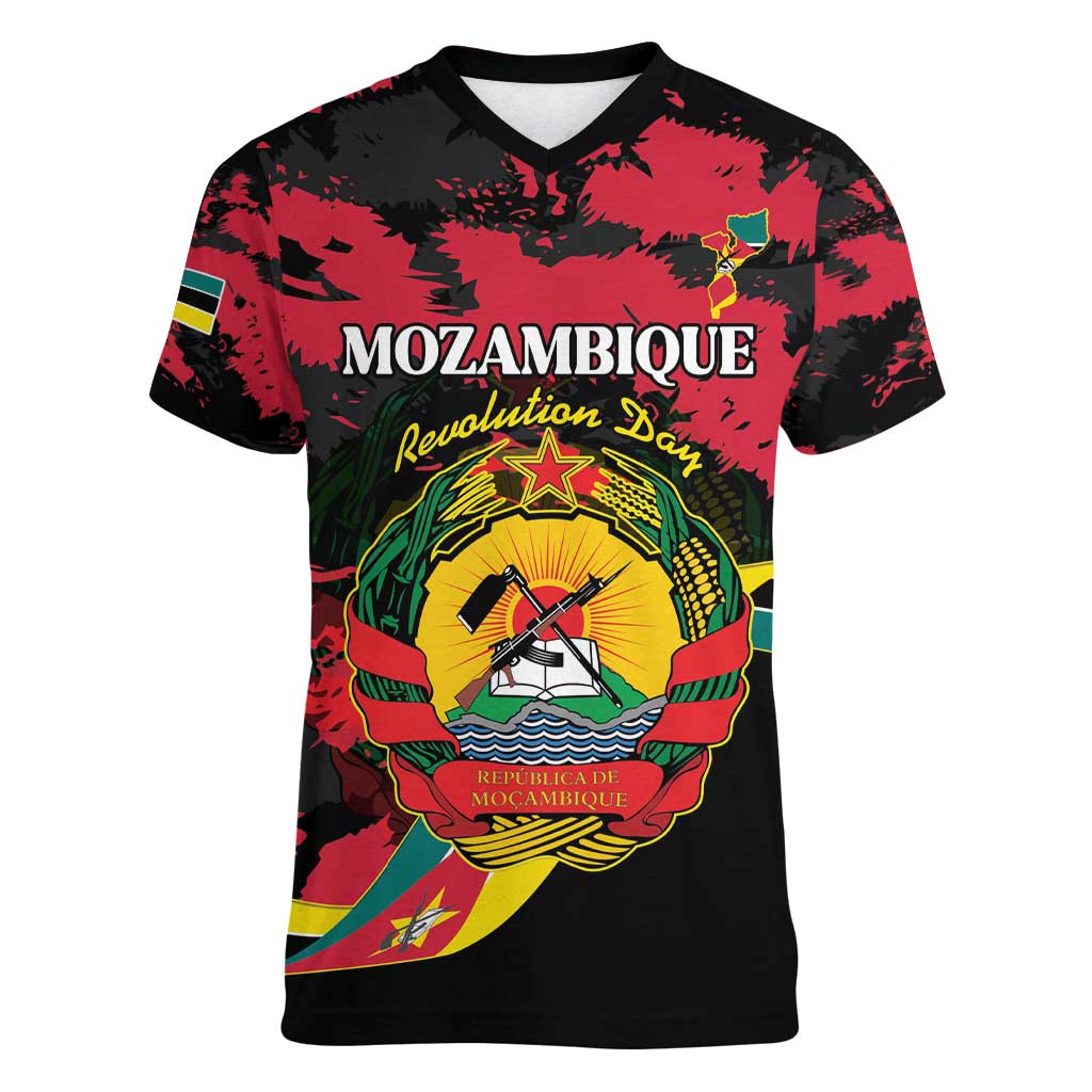 Personalized Mozambique Revolution Day Women V-Neck T-Shirt Coat Of Arms FRELIMO - Wonder Print Shop